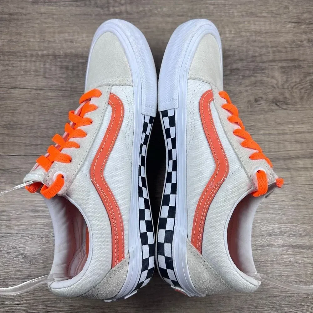 Vans~Mens~Old‎ Skool Pro Shoes White Orange Checkerboard Skate Sneakers~Size 6